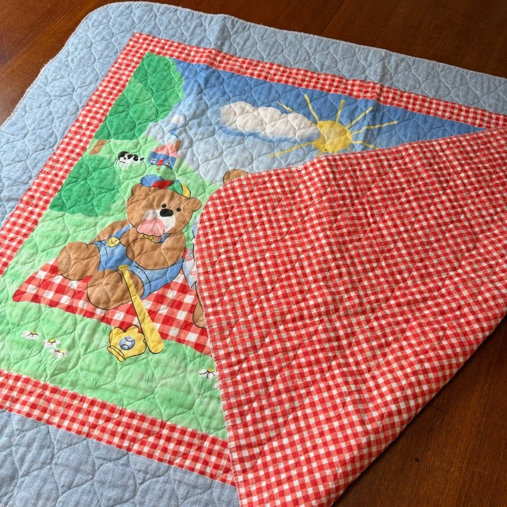 Vintage Teddy Bear Picnic Quilted Baby Blanket Red Gingham Cottagecore Retro